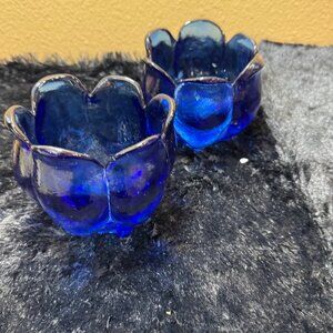 Vintage Cobalt Blue Recycled Glass Tulip Shape  Shaped Candle Holders  Set Of 2